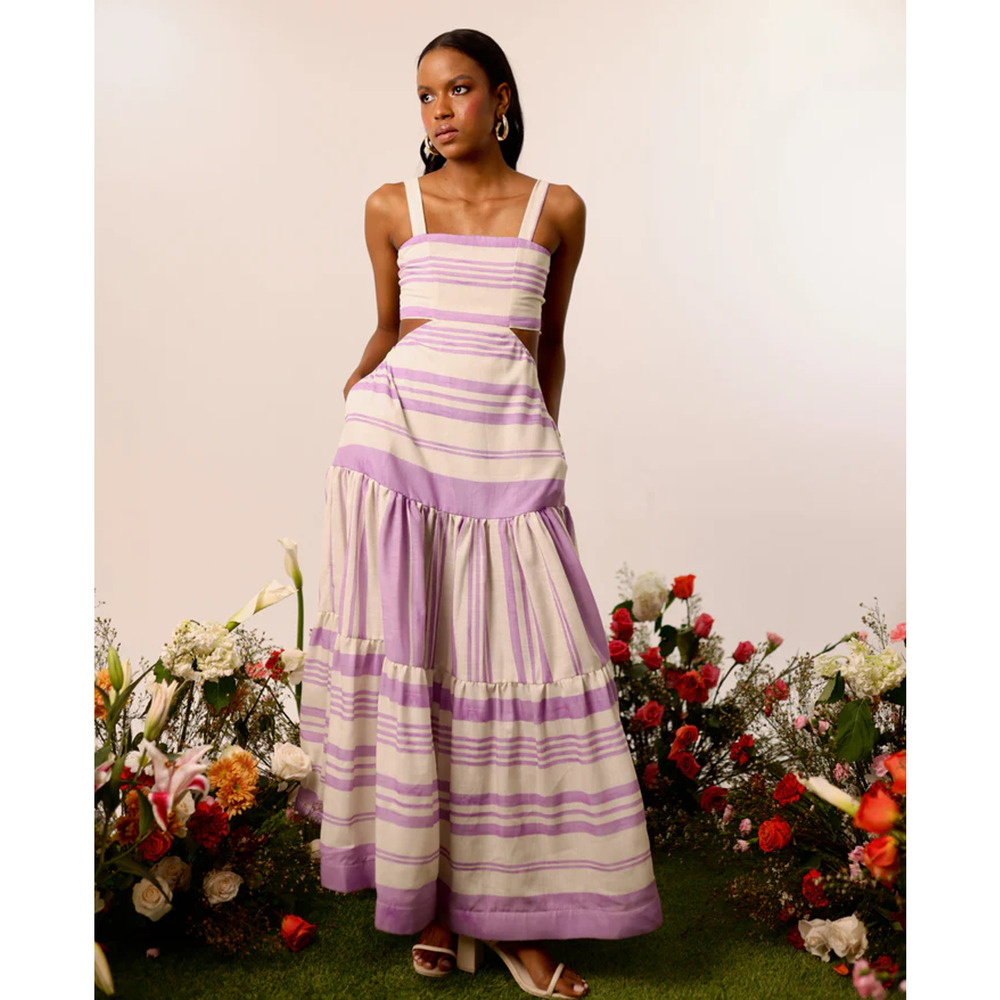 Liliana Meza Elsie Striped Cutout Maxi Sundress White Purple Women's Size Large